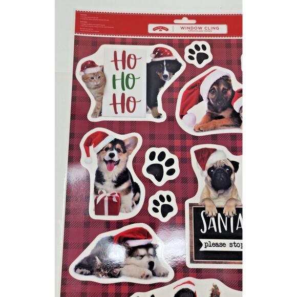 Christmas Window Clings Sticker Decals Holiday Decor Cat Dog Santa Paws Here U13 - Picture 2 of 4